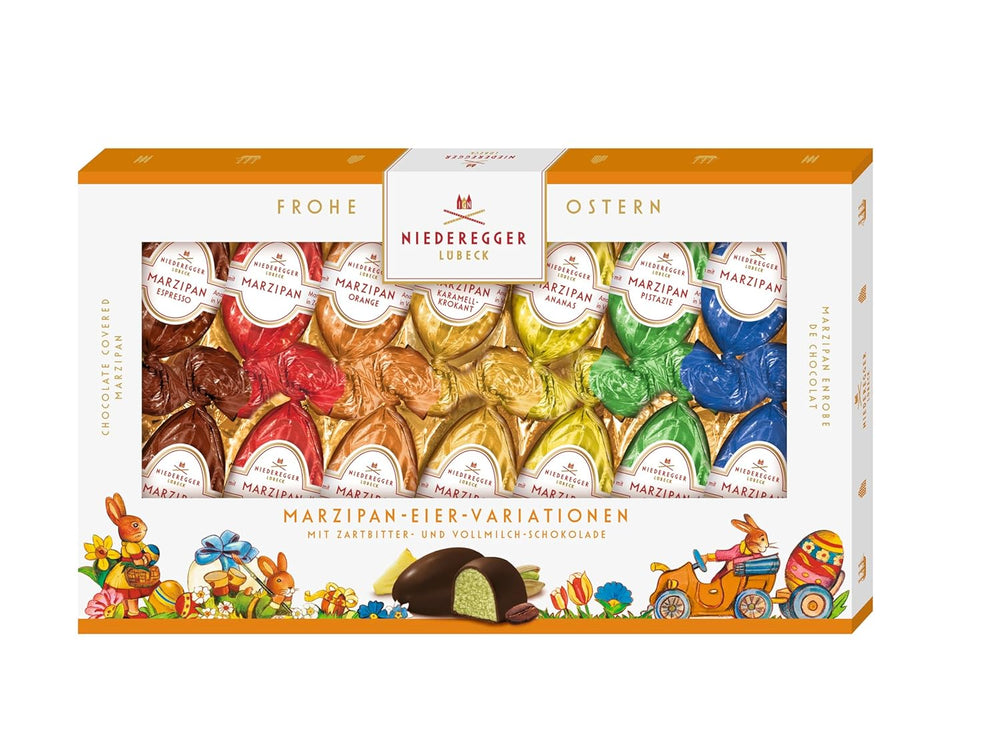 Niederegger | Jajka marcepanowe | 1x175g | Warianty: Klasyczna, Mleczna Czekolada, Pomarańcza, Karmel Crunch, Ananas, Espresso i Pistacja | Oblane gorzką i mleczną czekoladą | Prezent wielkanocny