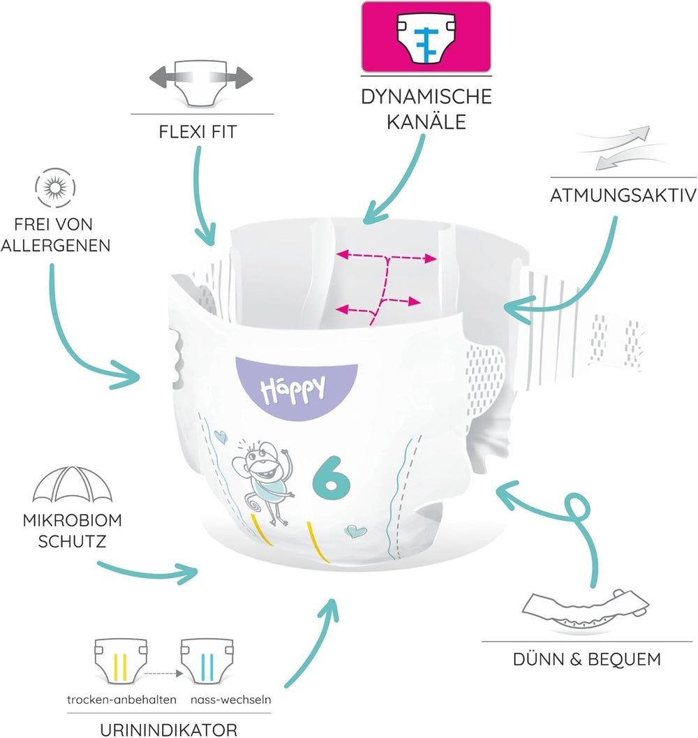 Pieluchy Bella Baby Happy Premium, rozmiar 6, Junior Extra, 15+ kg, 96 sztuk, pieczęć DERMATEST i OEKO-TEX, pieluchy jednorazowe