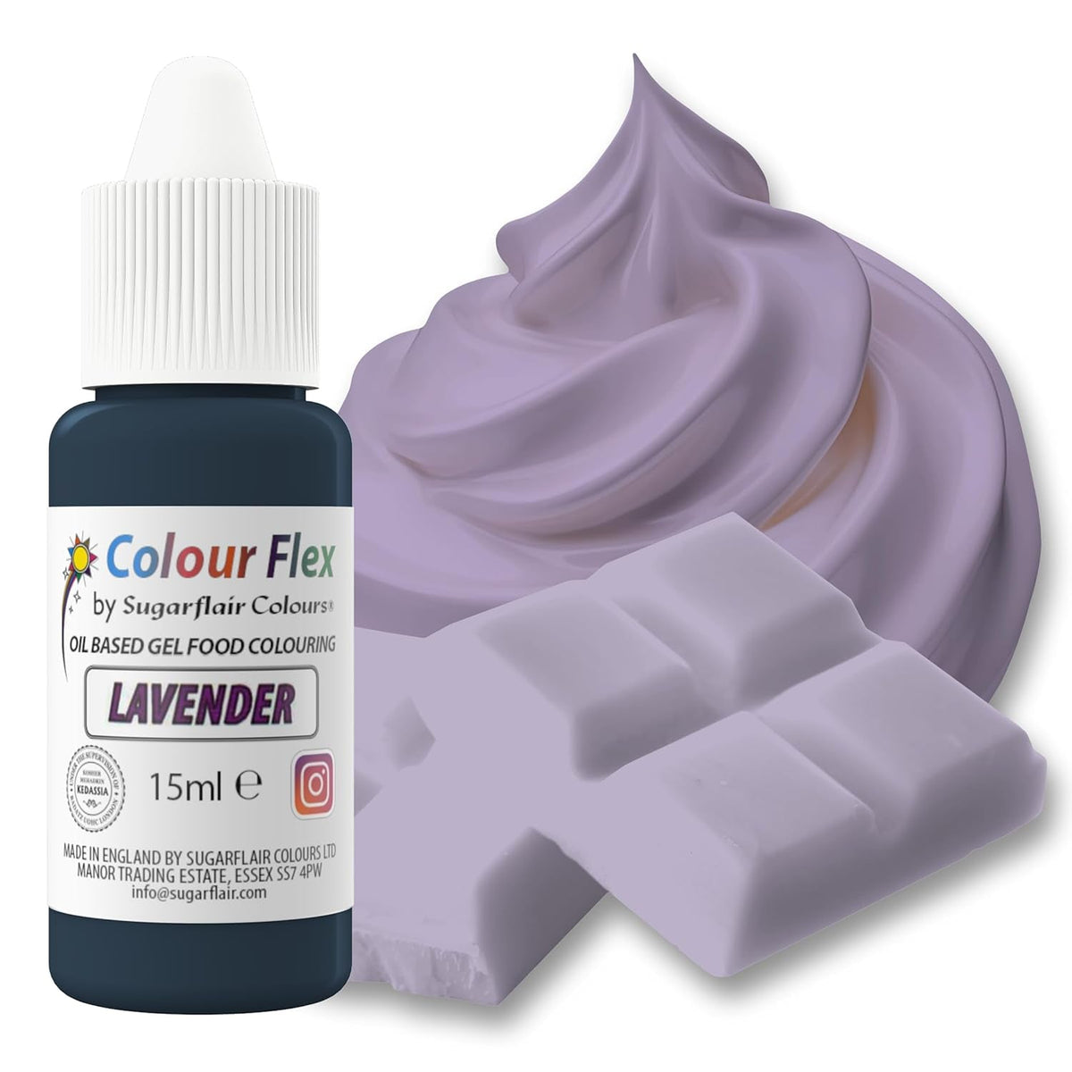 Colorant alimentar pe bază de ulei Sugarflair Colourflex Lavandă, colorant alimentar lichid foarte concentrat pentru cremă de unt, ciocolată, aluat, fondant, glazură și multe altele - 15 ml
