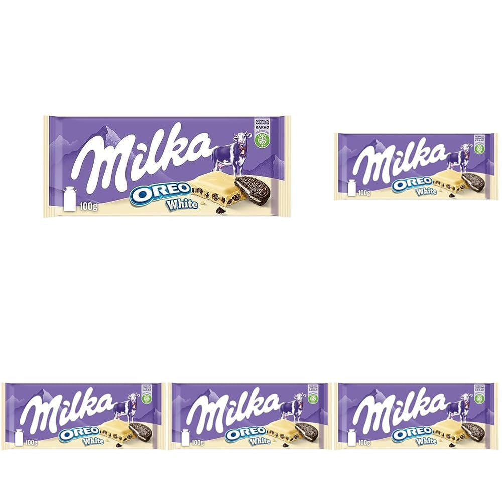Milka Oreo Sandwich – Alpejska czekolada mleczna wypełniona chrupiącymi kawałkami ciasteczek Oreo i gładkim kremem waniliowym – 92g
