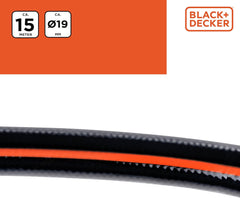 Furtun de grădină BLACK+DECKER 15 metri - Ø19MM - PVC durabil - Udarea grădinii, spălarea mașinii, umplerea piscinei - Compatibil cu orice robinet standard - Negru/Portocaliu