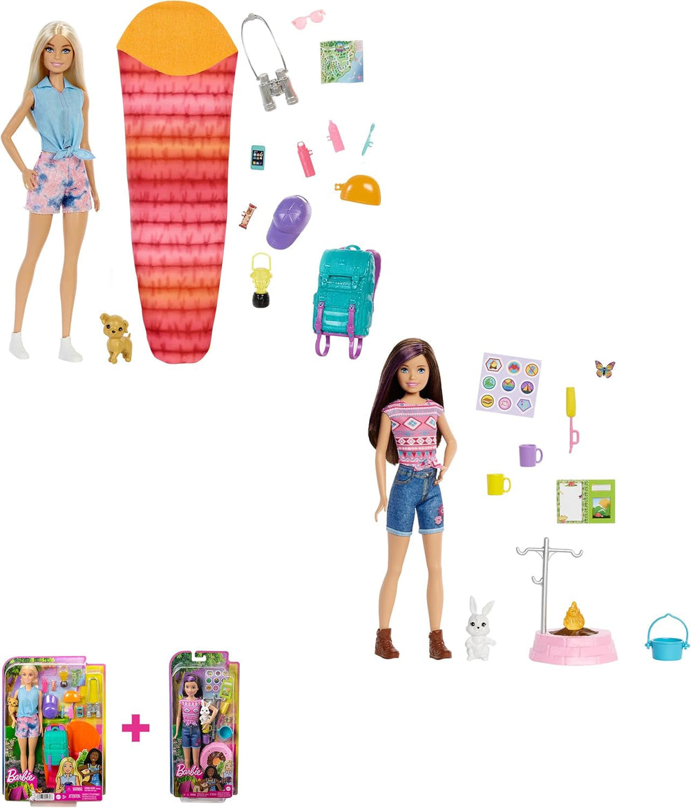 Barbie Camping Series, păpușă 1X cu păr blond, rucsac de drumeție, echipament de exterior, binoclu, hartă, cățel, accesorii, cadou pentru copii, jucărie de la 3 ani,Hdf73 Papusi Naty Shop Pachet de camping Set de camping Bundle cu păpuși cu păr blond + păr brun