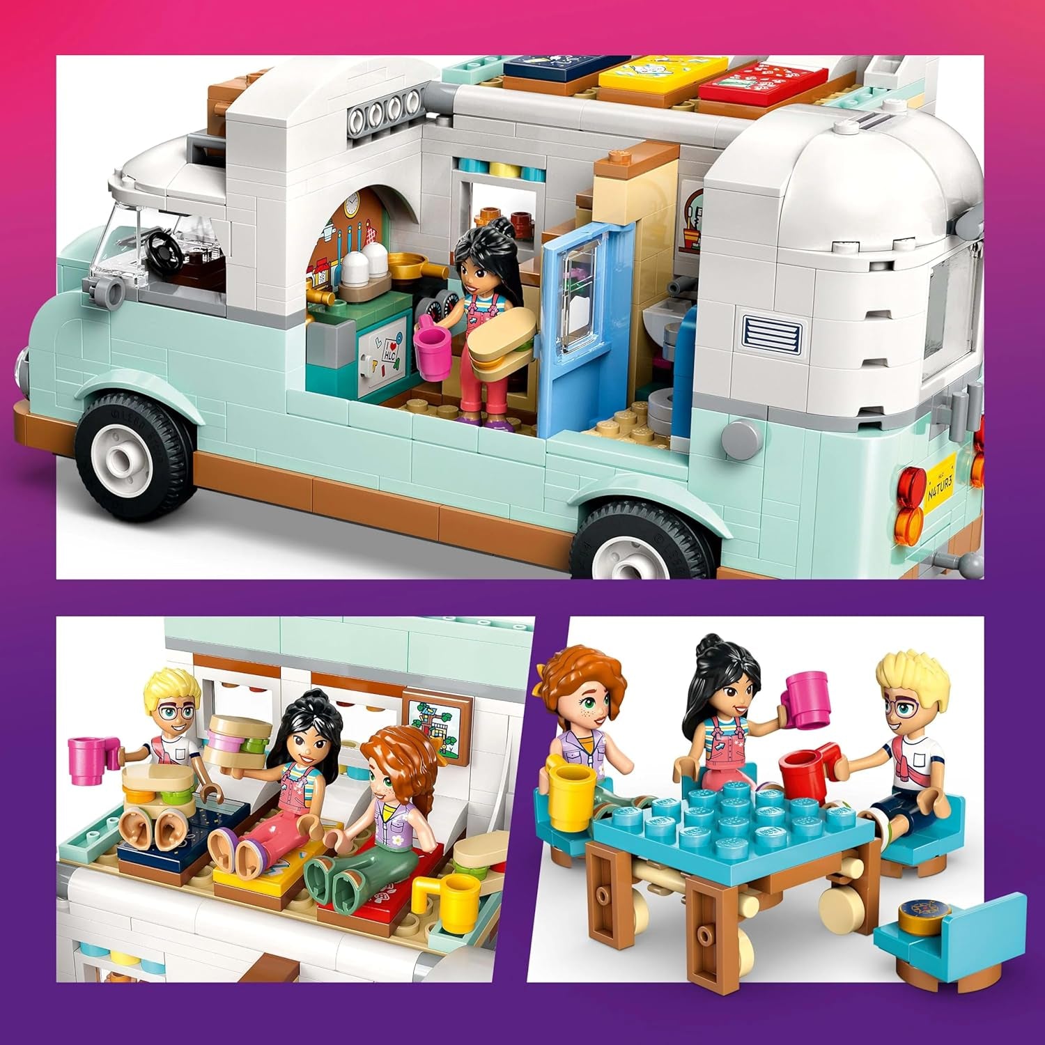 Przyczepa LEGO Friends, zestaw do budowania do odgrywania ról z przyczepą kempingową, prezent dla dziewczynek w wieku od 7 lat, kreatywny zestaw z 3 minifigurkami i figurką zwierzątka fretki 42663 Zestawy do budowania Besuche den LEGO-Store