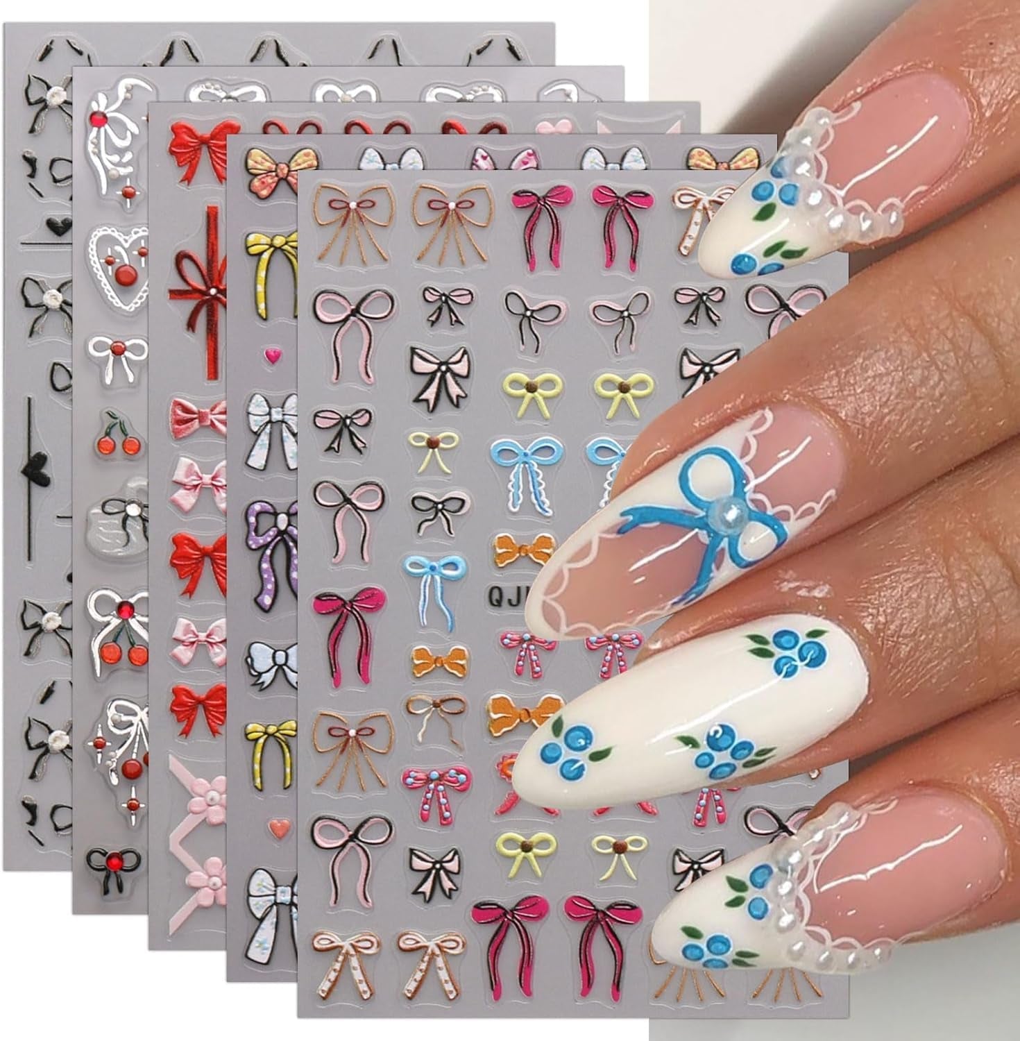JMEOWIO Nagelsticker Bunte Herz Schleife 6 Blatt Nail Art Sticker Selbstklebend Nagelaufkleber Dekoration Nageldesign Zubehör