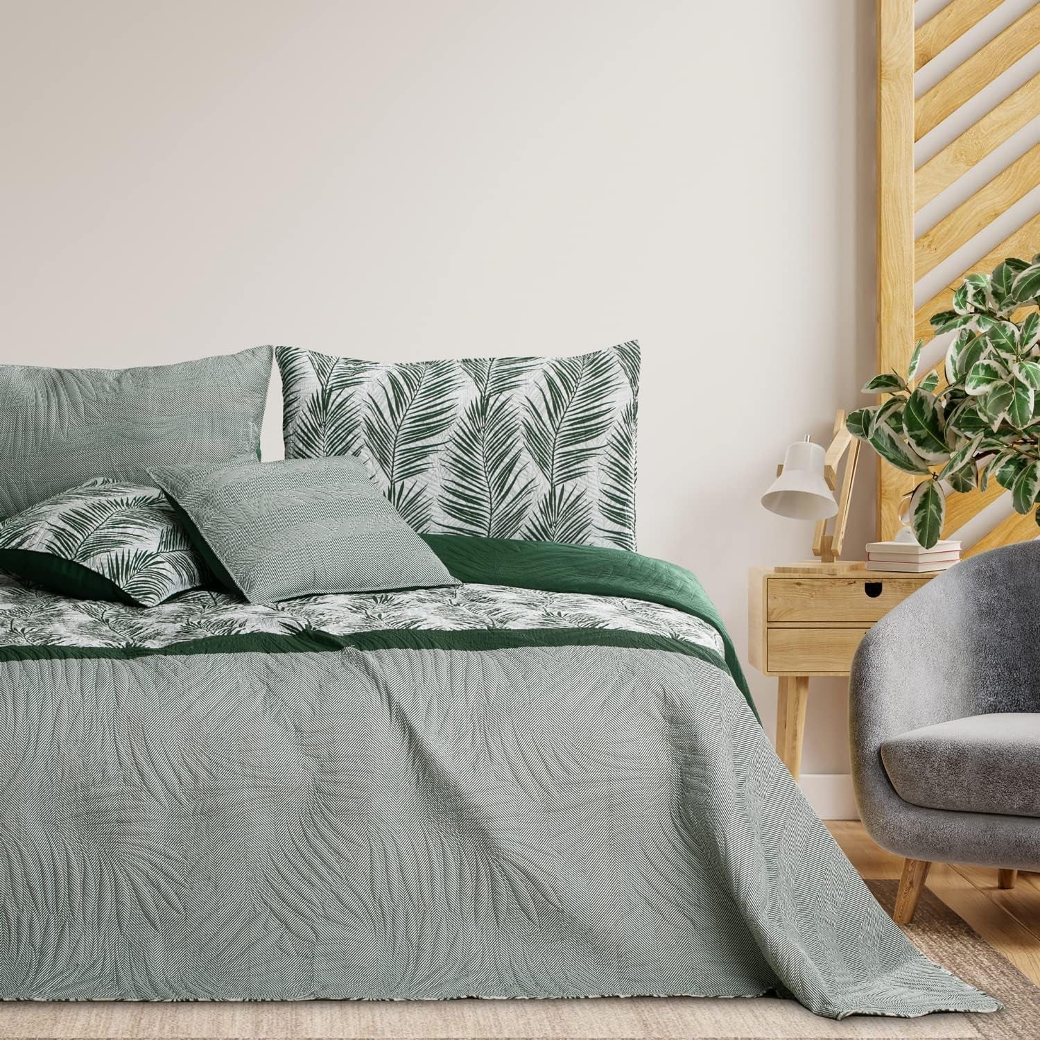 Ameliahome Cuvertură de pat Cuvertură de pat 170X210 Cm Două fețe Ușor de îngrijit Cuvertură de pat Model de plante Verde Alb Tropical Bonaire Paturi si Cuverturi Besuche den AmeliaHome-Store