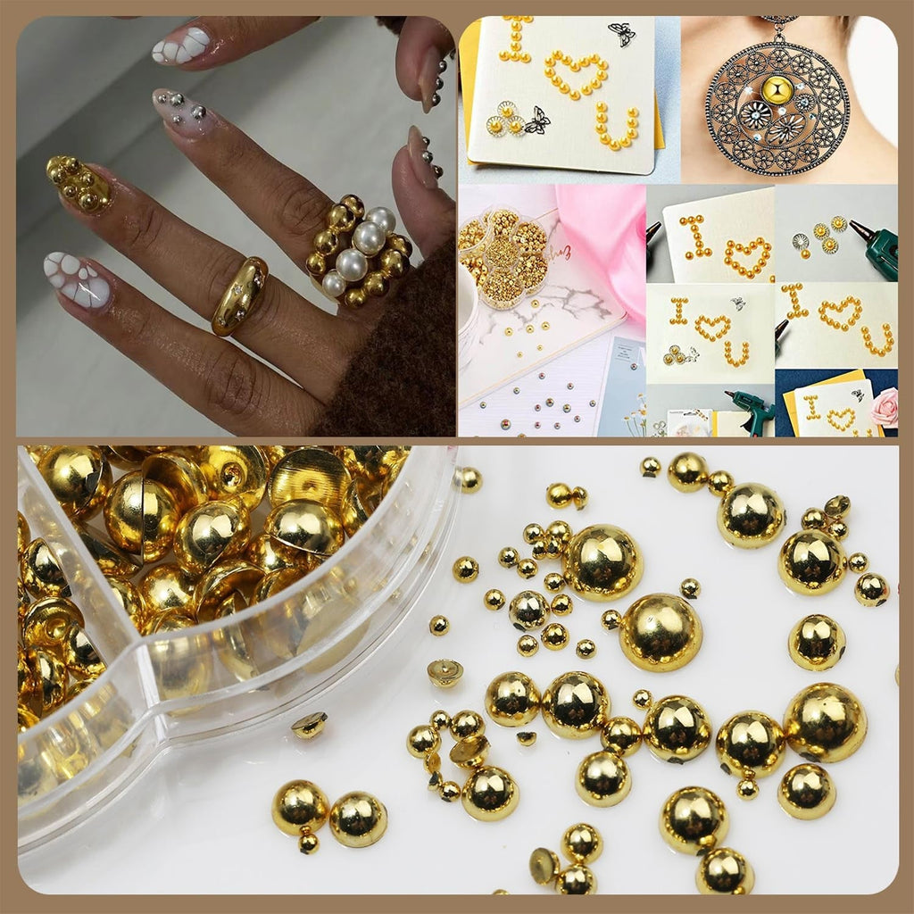 GZMAYUEN 920Pcs Gold Silber Flatback Perlen Für Nägel, Halbrunde Weiße Beige Nail Perlen, Kleine Halbrunde Flatback Perlen Für DIY Nail Art Decor