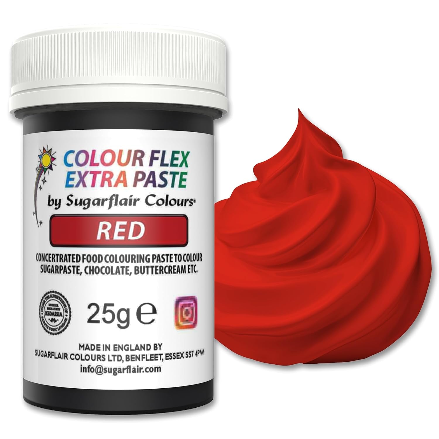 Colorant alimentar Sugarflair Colourflex Extra Paste, roșu - Colorant alimentar comestibil pentru cremă de unt, ciocolată, pastă de zahăr, glazură, fondant, mixuri pentru prăjituri, aluat și multe altele - 25g