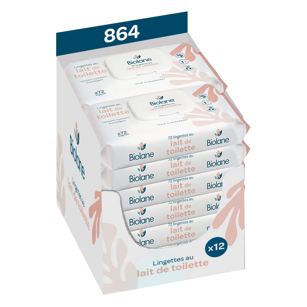 BIOLANE - Opakowanie 12 szt. - Chusteczki nawilżane dla niemowląt z mlekiem toaletowym - Niemowlęta - 864 Chusteczki nawilżane dla niemowląt - Oczyszczają i nawilżają - Do skóry wrażliwej - 98% pochodzenia naturalnego - Od urodzenia