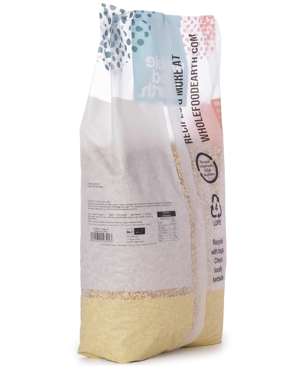 Wholefood Earth - Ekologiczna owsianka owsiana 3 kg | Bez GMO | wegańskie | Bogaty w błonnik