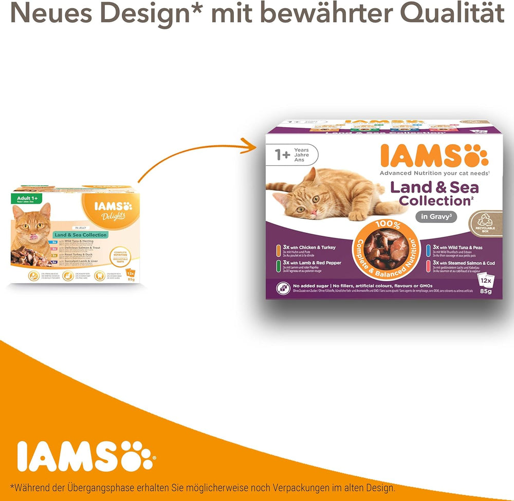 IAMS Delights Hrană umedă pentru pisici senior - Pachet multiplu cu pui și pește în sos, hrană umedă de înaltă calitate pentru pisici mai în vârstă de la 7 ani, 12 x 85 g