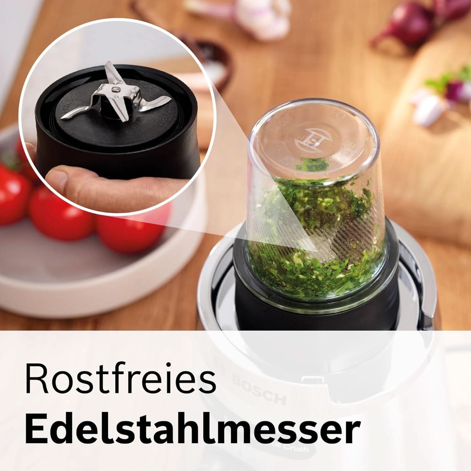 Mikser stojący Bosch Vitapower Serie 4 MMB6177S, Edelstahl-Klingen Made in Germany, 1,5 l Thermosafe Glasbehälter, 0,6 l To-Go-Flasche, Stopfer, Universalzerkleinerer, 30 000 U/Min, 1200 W, Silver Kitchen Naty Shop