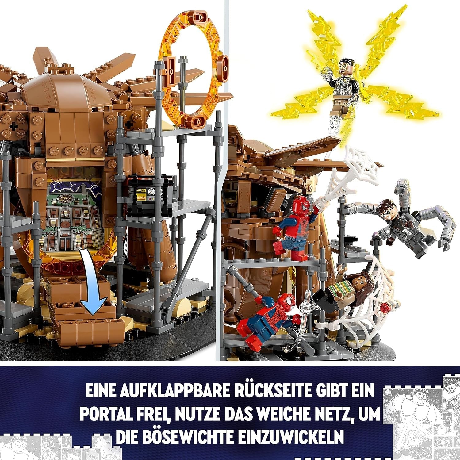 LEGO 76261 Marvel Spider-Man's Big Showdown, Spider-Man: No Way Home, zestaw z 3 minifigurkami Petera Parkera oraz Zielonym Goblinem, Electro, Sandmanem, Nedem, Doktorem Strange i MJ, model kolekcjonerski Zestawy do budowania Kup w sklepie LEGO