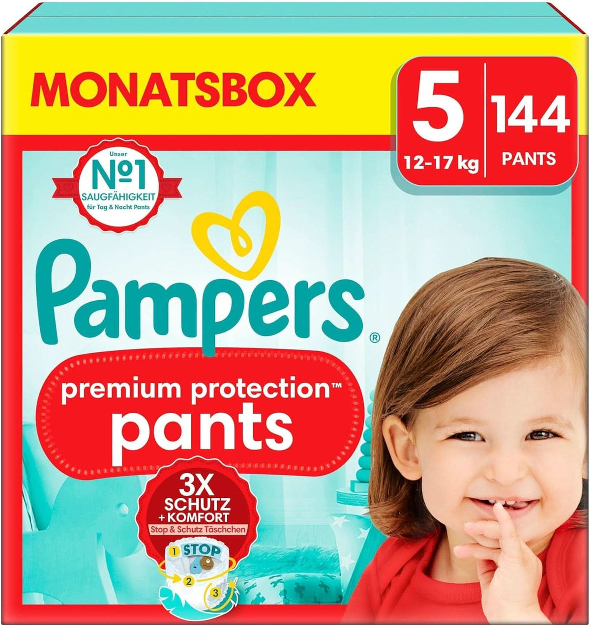 Pampers Baby Nappies Spodnie rozmiar 5 (12-17Kg) Premium Protection, Junior z kieszenią Stop and Protect, 144 pieluchy Majtki Matka i Dziecko Naty Shop 5 (144 szt.) Spodnie Premium Protection