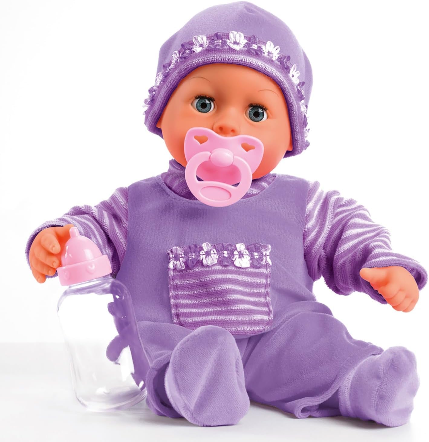 Bayer Design 93800-różowy 93825AA Babypuppe First Words, Schlafaugen, spricht 24 Babylaute, weicher Körper, mit Schnuller und Flasche, 38 cm, różowy
