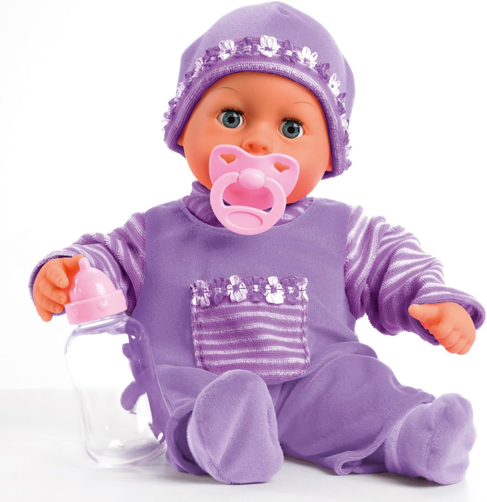 Bayer Design 93800-różowy 93825AA Babypuppe First Words, Schlafaugen, spricht 24 Babylaute, weicher Körper, mit Schnuller und Flasche, 38 cm, różowy