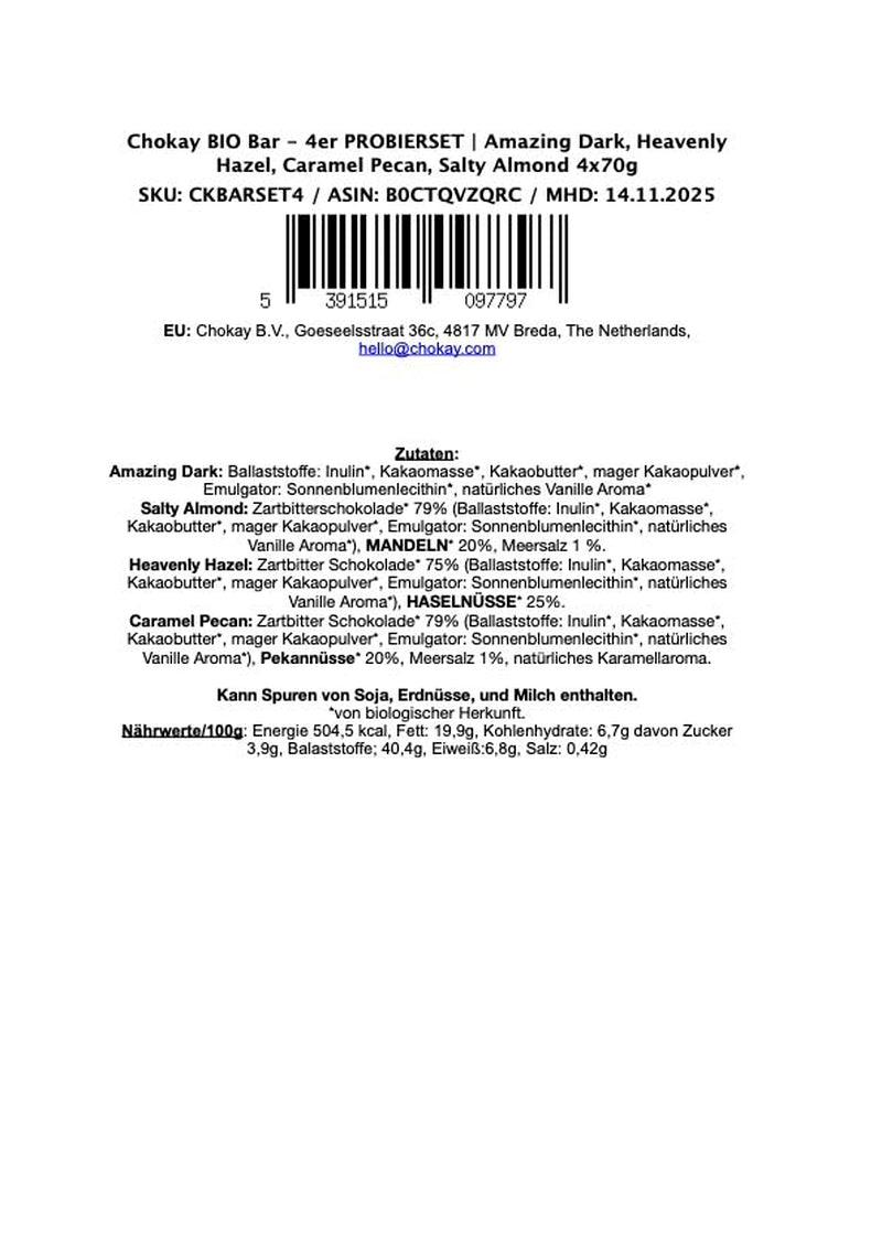 Organic Bar - 4-częściowy zestaw próbników/Amazing Black, orzech laskowy, karmel pekan, solony migdał/bez dodatku cukru, bez słodzików/WEGAŃSKI, BEZGLUTENOWY I SPRAWIEDLIWY HANDEL / 4 x 70g