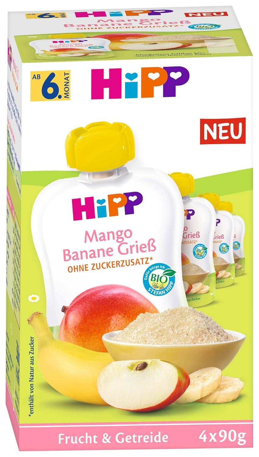Hipp Organiczne owoce i płatki zbożowe w torebkach wyciskanych dla niemowląt Mango Banan Kasza manna 4 opakowania (4X4X90G) Matka i dziecko Naty Shop