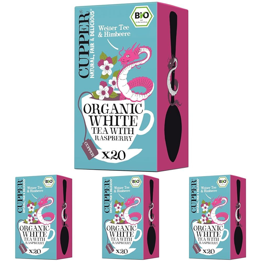 Cupper Ceai alb organic, zmeură, 20 pliculețe, 34 g (pachet cu 4)