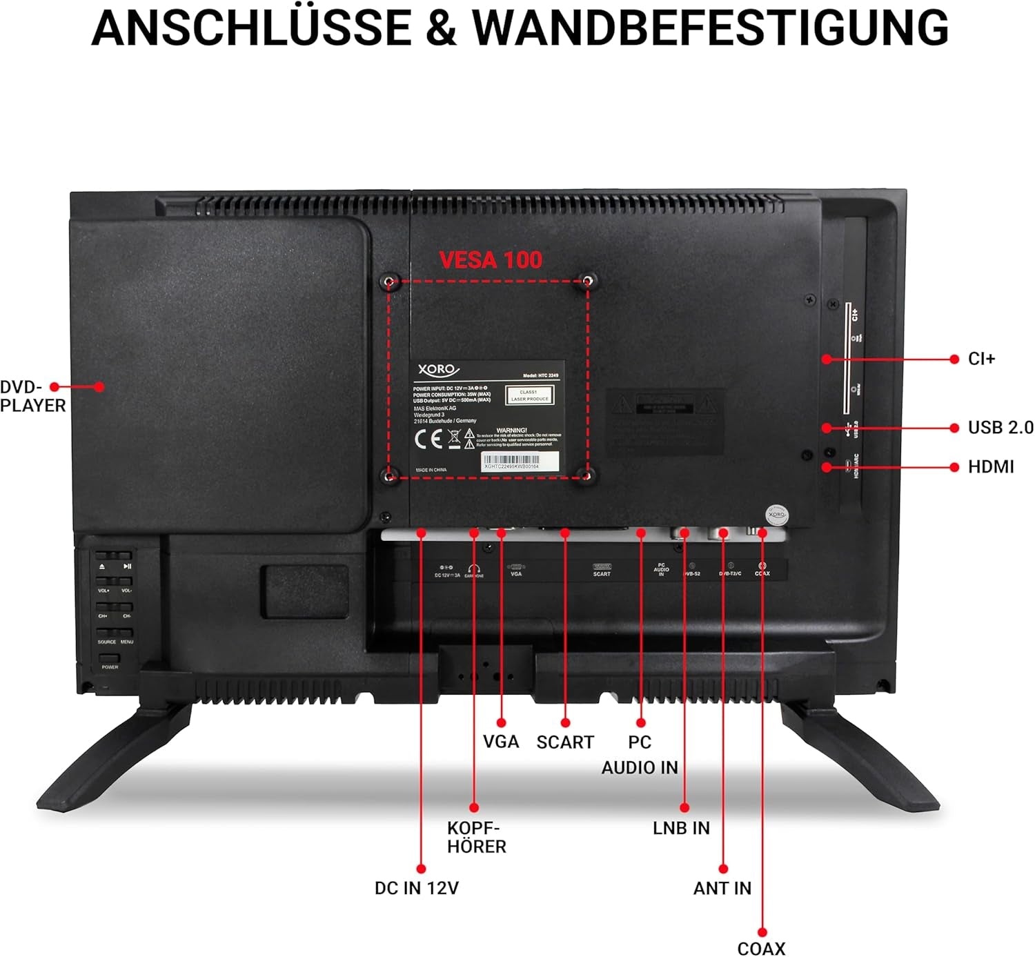 Televizor LCD Xoro HTC 2249 de 21,5" (55 cm) cu tuner triplu HDTV, player DVD integrat, player media USB 2.0, slot CI+, conexiune 12V, negru