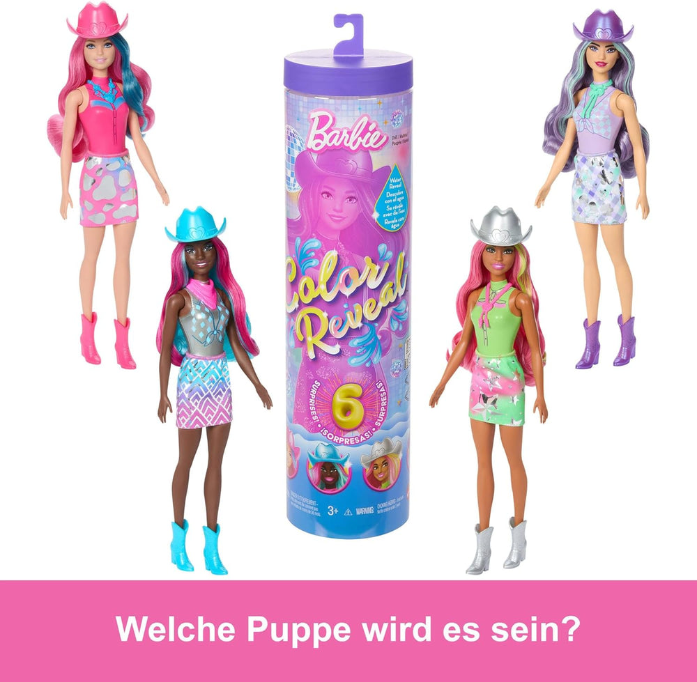 Păpușă Barbie Color Reveal și accesorii cu 6 surprize, serie Disco Star cu strălucire metalică și top care își schimbă culoarea (stilurile pot varia), JCP01, 32 cm