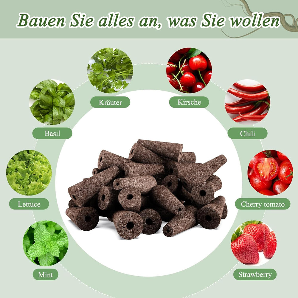 125 gąbek do uprawy, 50 wymiennych gąbek do uprawy, akcesoria do systemu startowego hydroponicznego z 50 etykietami, 12 nasadek izolacyjnych, 12 koszy na rośliny, 1 pęseta
