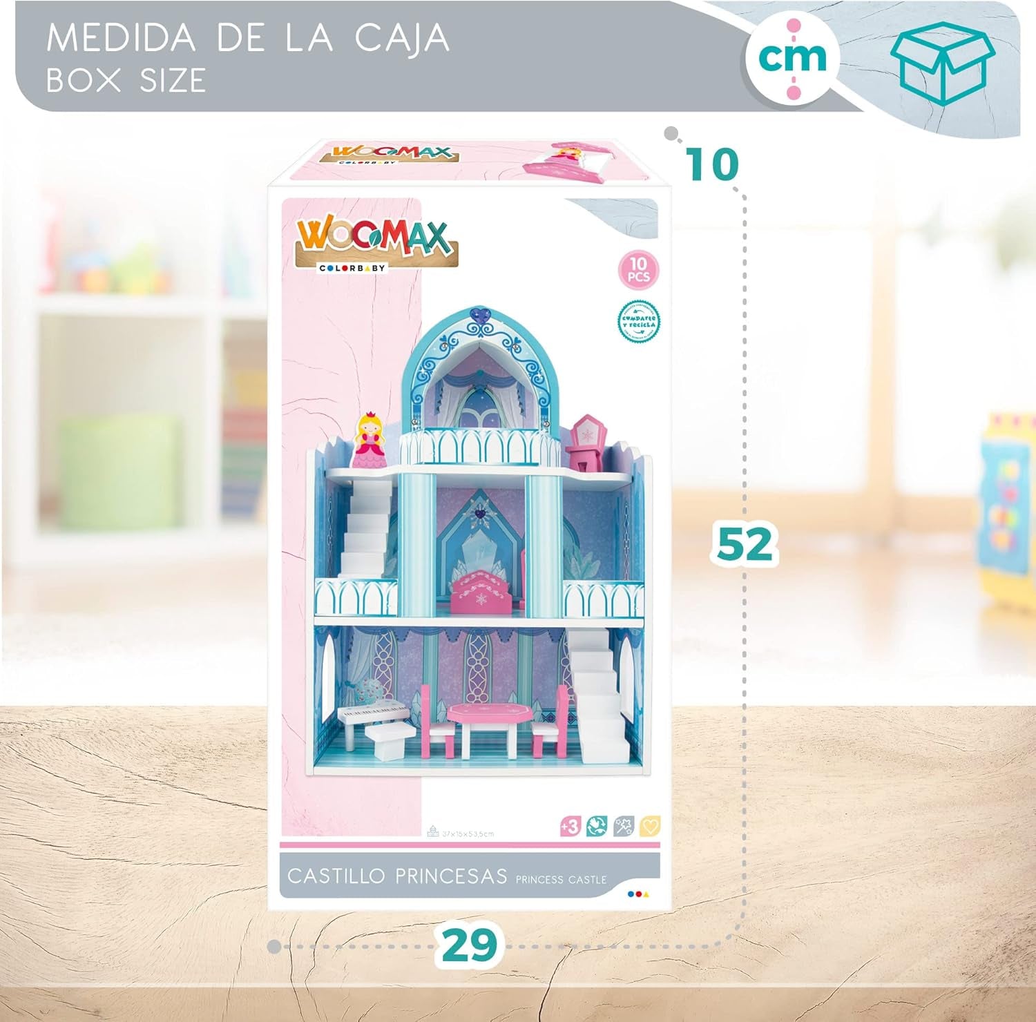 Casă de păpuși din lemn, castele de prințese din lemn, case de păpuși, 3 etaje, castele de prințese, 9 piese din lemn, 37x15x53,5 cm, jucărie din lemn, vârste 3+