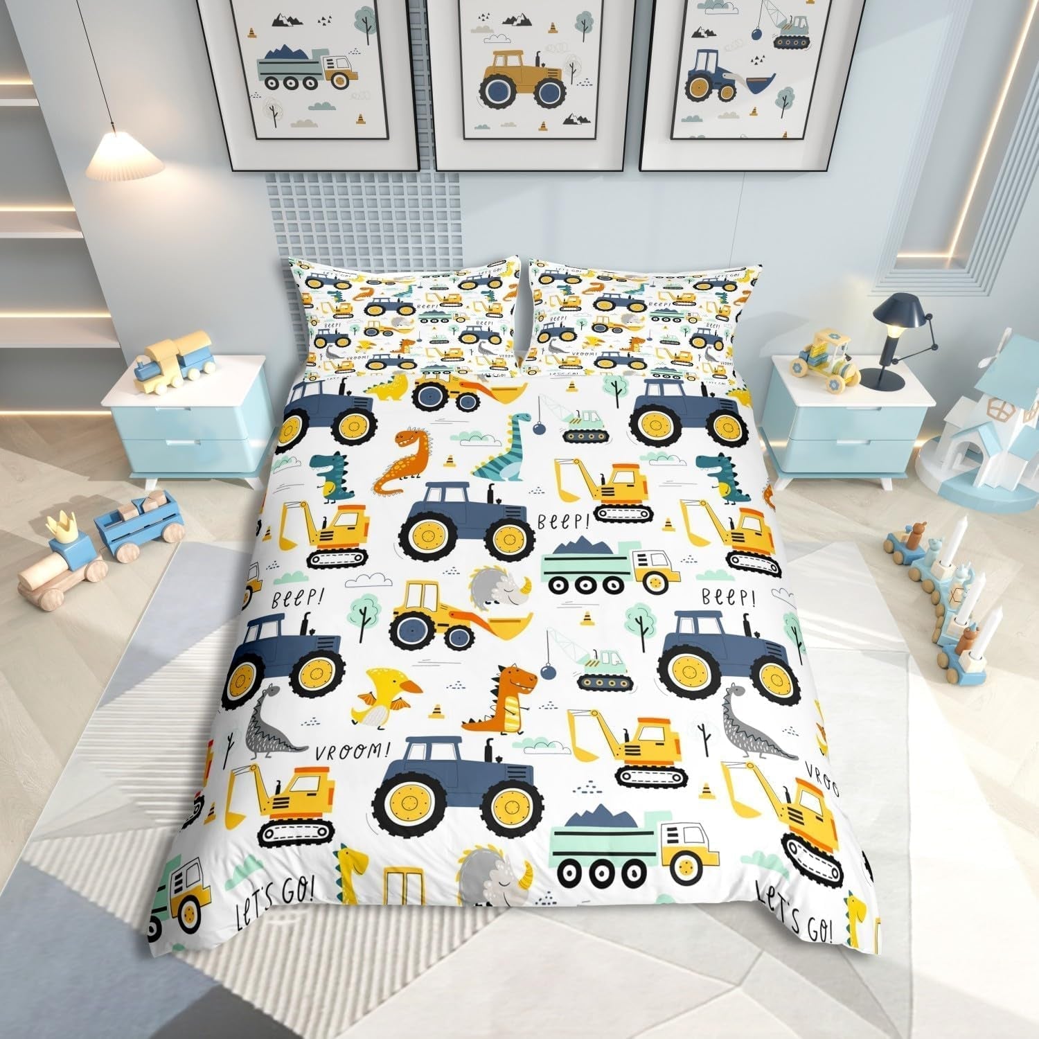 Zestaw Jungen Cartoon Auto Bedtuchen 135X200,Kinder Bau Fahrzeuge Tröster Abdeckung Für Kind Kleinkind Teens,Dinosaurier Bettbezug,Traktor Maschinerie Bagger Bettdecke Abdeckung,Lkw Autos Bedtuchen Naty Shop Multi 15 135*200+80*80*1