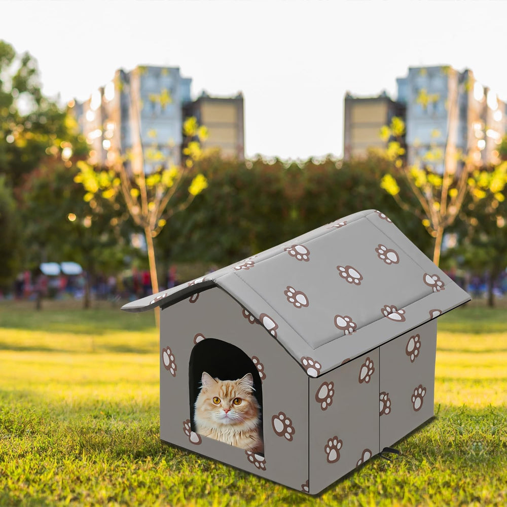 Katzenhaus für Draußen Winterfest und Wasserdicht, Faltbare Outdoor Katzenhöhle mit Abnehmbarem Kissen, Wetterfestes Tierheim für Streuner und Haustiere, Waschbar und Isoliert (Graue Katzenpfote, M)