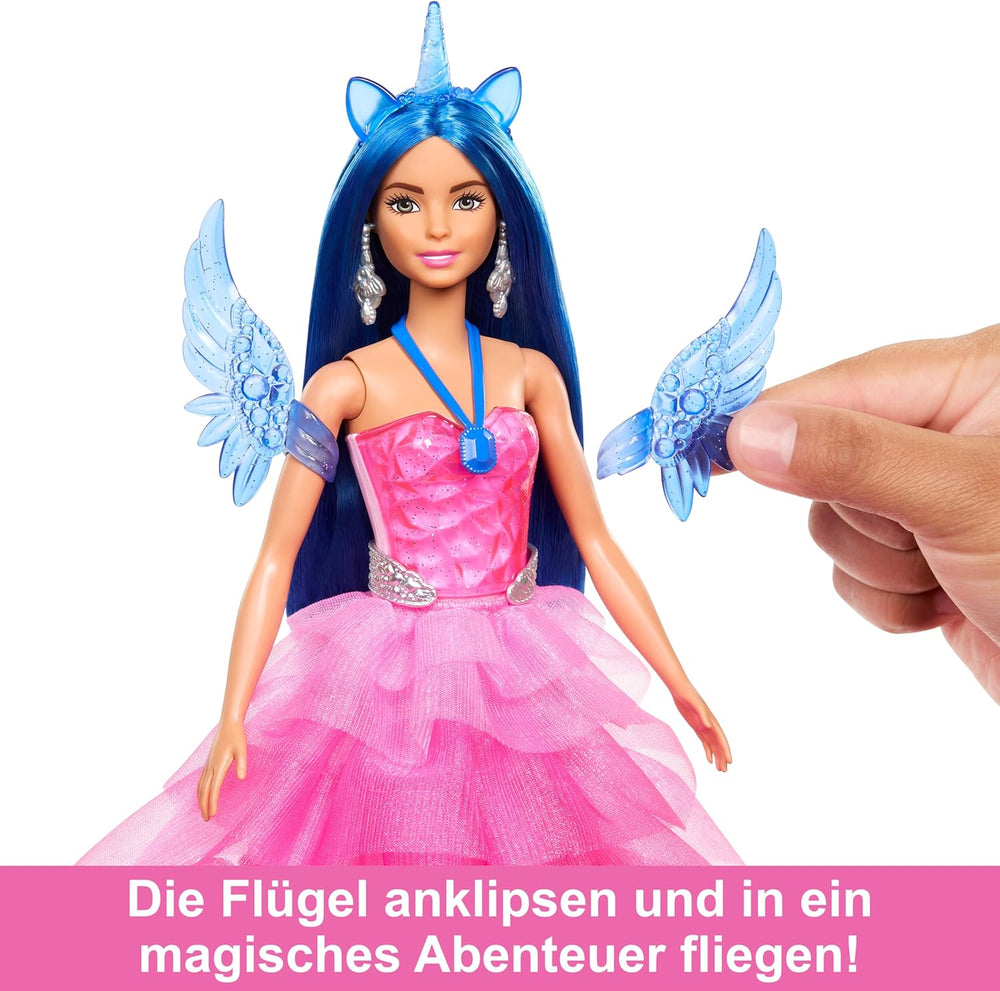 Barbie Ein verborgener Zauber - Puppe mit Einhorn, pinkfarbenes Kleid mit Saphirblauen Details, Einhorn-Stirnband, abnehmbare Saphirflügel und Schwanz, für Kinder ab 3 Jahren, HRR16