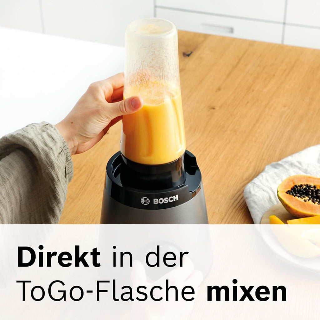Bosch Standmixer Vitapower Serie 4 MMB6177S, Edelstahl-Klingen Made in Germany, 1,5L Thermosafe Glasbehälter, 0,6L To-Go-Flasche, Stopfer, Universalzerkleinerer, 30,000 U/Min, 1200 W, Silber Bucatarie Naty Shop