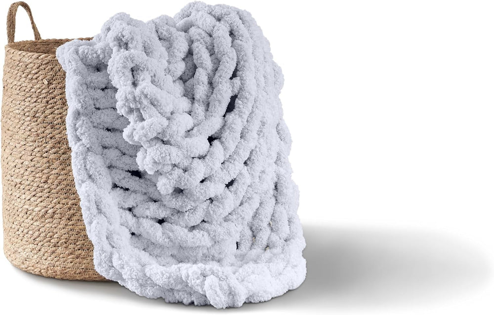 Gruby koc z dzianiny, narzuta, w 100% ręcznie robiony na drutach z przędzy szenilowej jumbo (127 x 152,4 cm, liliowoszary) Łóżka i koce Adyrescia Jasnoszary 50"X60"
