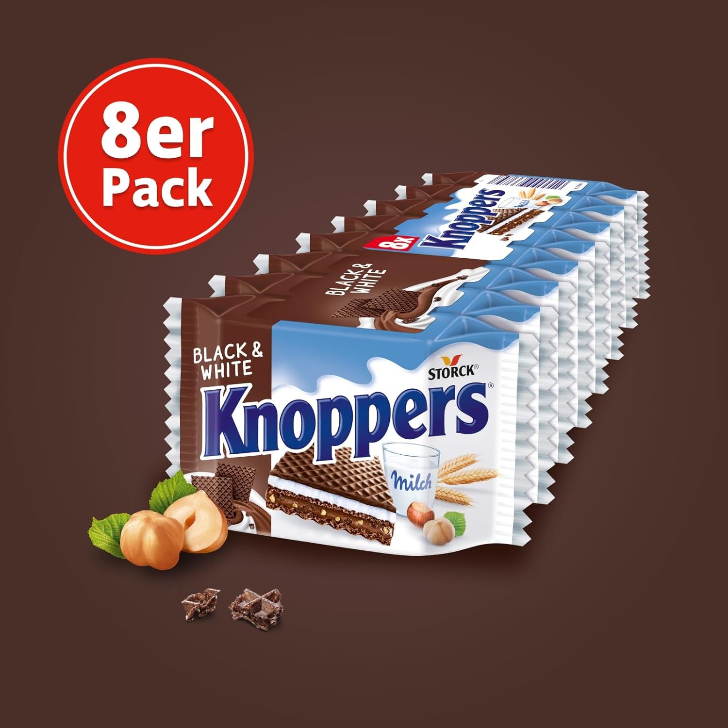 Knoppers Biało-Czarny – 8 x 25g – Plastry wafla nadziewane waflami ciemnego kakao, kawałkami czarnych herbatników, mlekiem i kremem nugatowym