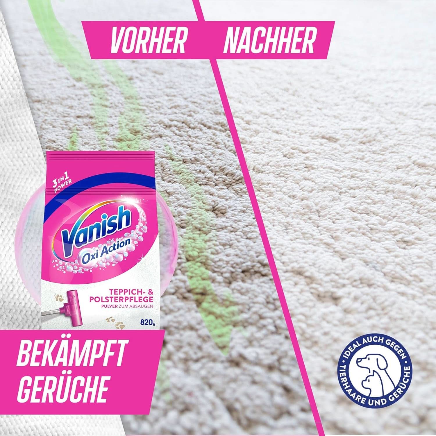 Proszek do czyszczenia dywanów i tapicerki Vanish Oxi Action - 1 X 820 G - Czyści duże powierzchnie dywanów i tapicerki z brudu, zapachu i kurzu. Detergenty do prania Naty Shop