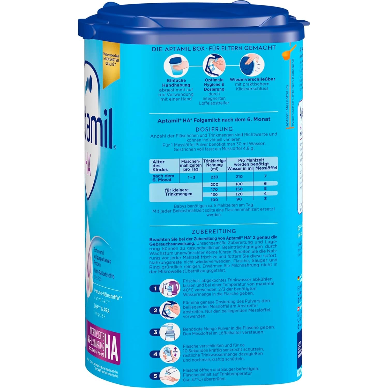 Aptamil HA 2 – Formuła dalsza po 6 miesiącach, z Omega 3 i 6, DHA, ARA i ALA, Bez laktozy, Bez oleju palmowego, Odżywka dla dzieci, Mleko w proszku, 1 x 800 g (opakowanie 4 szt.)