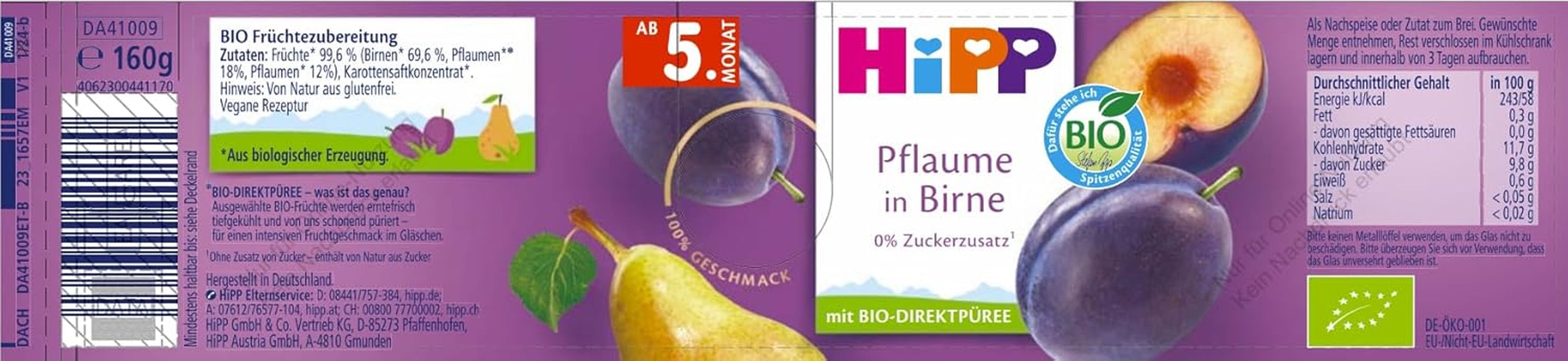 HiPP Organiczne Śliwki o Smaku Gruszkowym (6 x 160g), od 5 miesiąca, bez dodatku cukru, o szczególnie intensywnym smaku owocowym, najwyższej jakości organicznej.