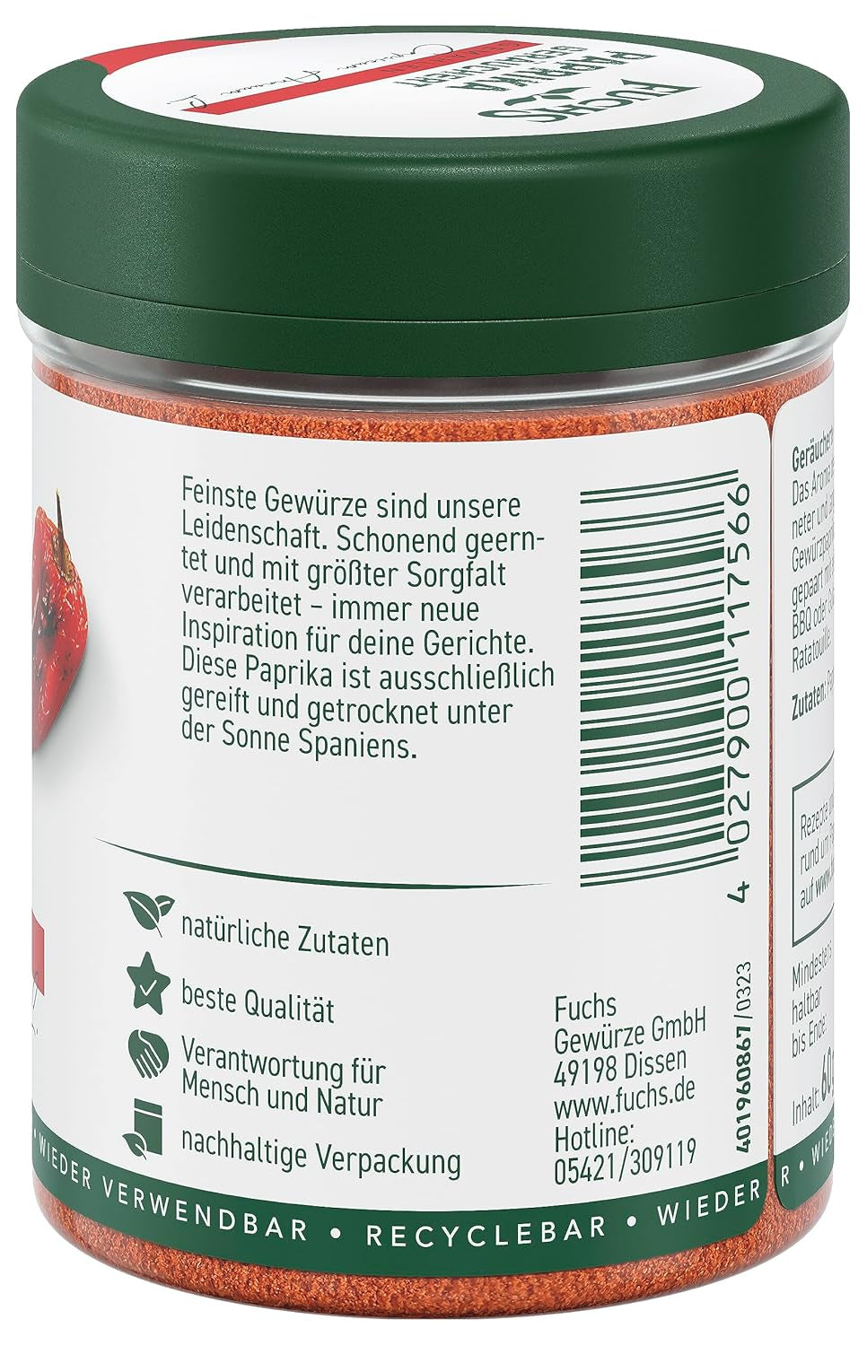 Fuchs Gewürze - Paprika geräuchert gemahlen - rauchiger Gesmack für BBQ, Gulasch oder Tofu - naturalne Składniki - 60 g w wiederverwendbarer, recyclebarer Dawka