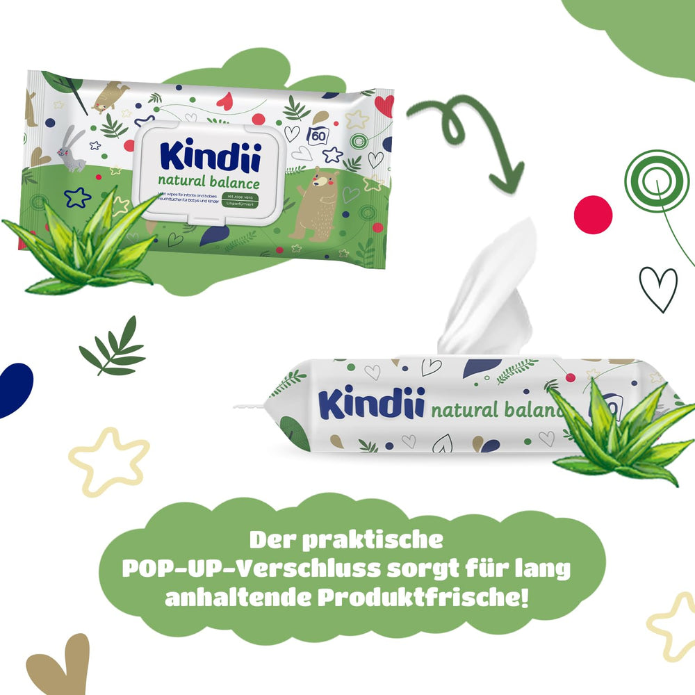 Kindii Natural Balance chusteczki nawilżane dla niemowląt – (1 x 60 szt.) Chusteczki nawilżane dla niemowląt i dzieci – Ochronne, Aloe Vera, Delikatny zapach – 60 szt.