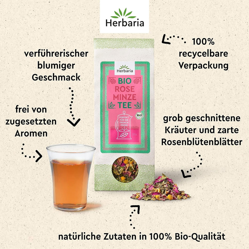 Amestec de ceai Herbaria trandafir-mentă bio 20 g - ceai din plante 100% bio - gust natural seducător și floral & numai ingrediente naturale - produs climatic neutru & ambalaj fără plastic