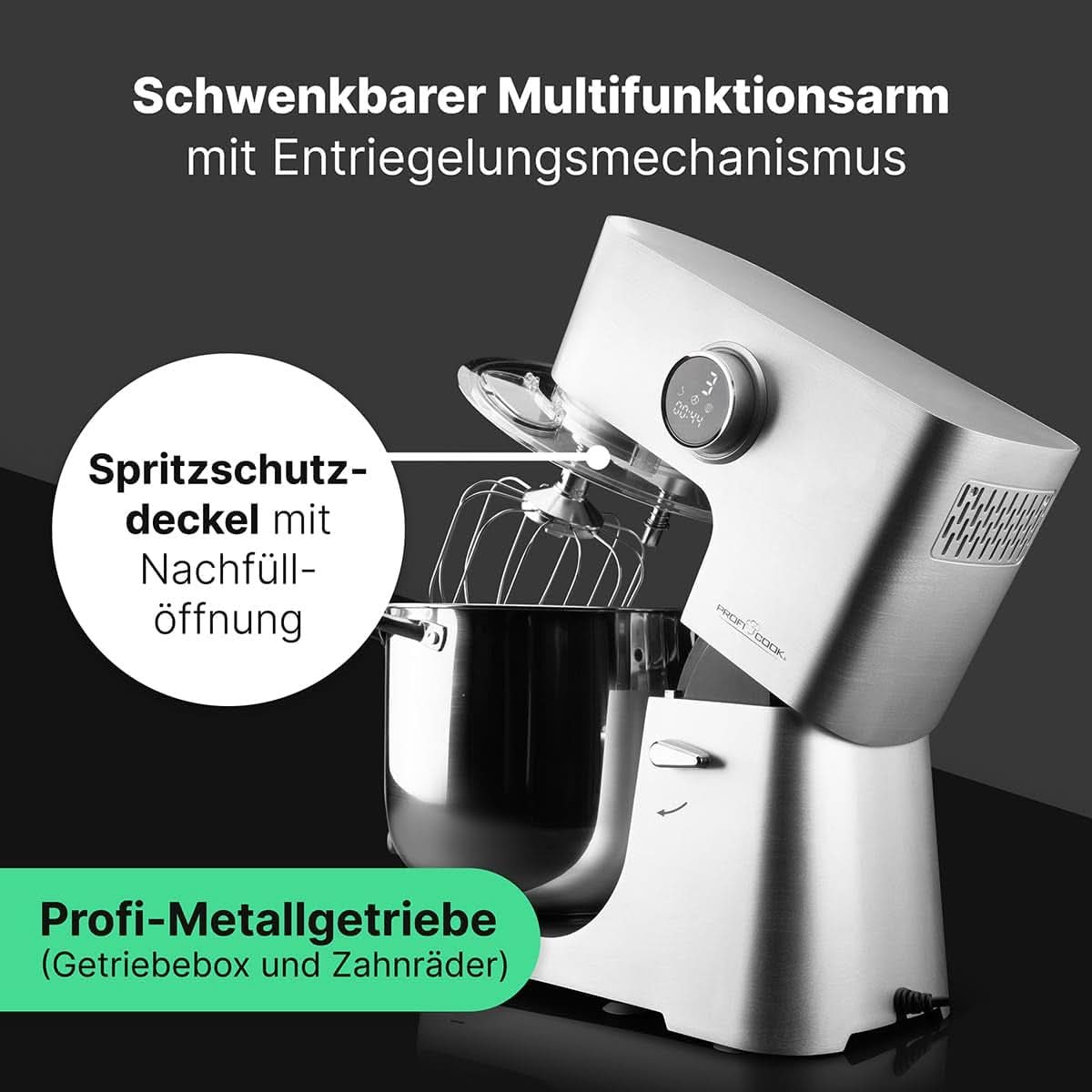 Proficook® Küchenmaschine Mit XXL 12L Schüssel | Silnik Knetmaschine Mit 2500W Longlife-Profi | Metallgetriebe i wyświetlacz LED | Robot kuchenny Für Bis Zu 8,5 kg ciasta | 13 prędkości | PC KM 1254 Sklep Naty dla Matki i Dziecka