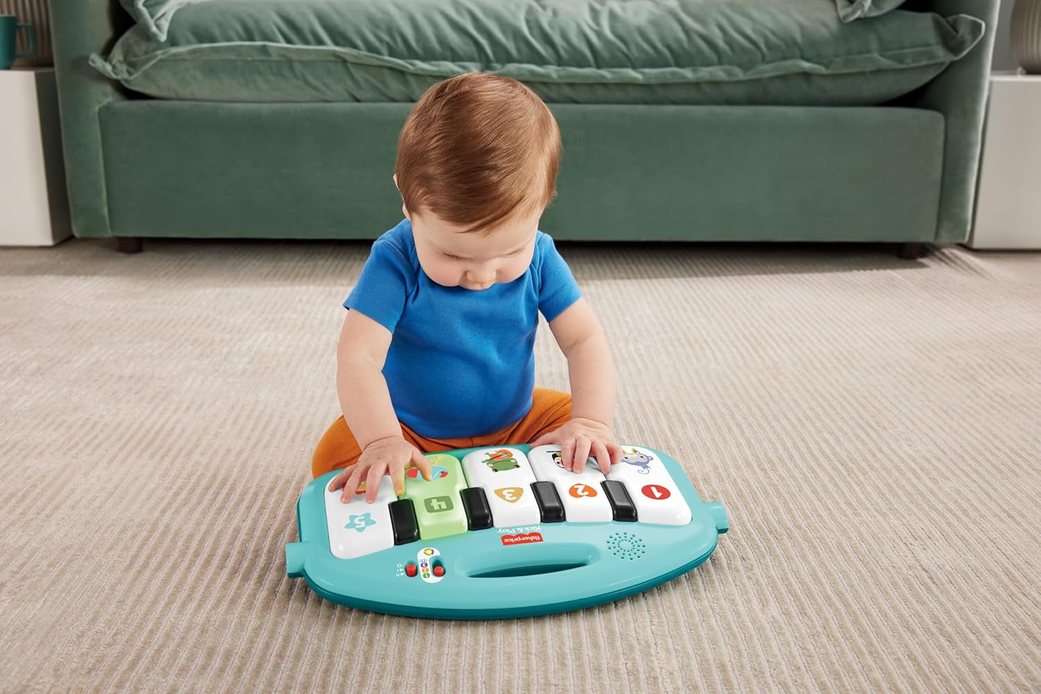 Fisher-Price Kontrast Kick & Play pătură cu pian pentru bebeluși, pătură distractivă cu pian, jucărie muzicală portabilă cu conținut de învățare Smart Stages, de la 0 luni, albastru, versiune franceză, HWY56 Jucarii Bebe Naty Shop