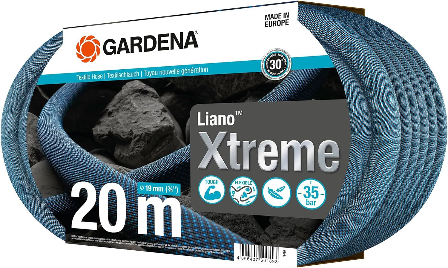 Set Gardena Liano Xtreme 3/4 inch, 20m: Furtun de grădină extrem de robust din material textil, cu furtun interior din PVC, ușor, rezistent la intemperii (18480-20)
