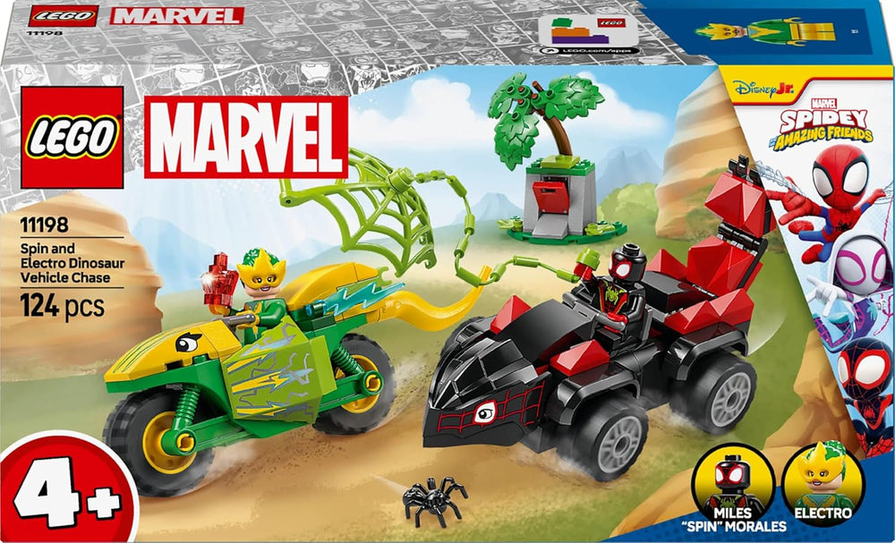 Zabawa LEGO Marvel ze spinem i prądem w dinozaurach Speedsters, samochód superbohatera do zbudowania dla chłopców i dziewcząt od 4 lat, zestaw bohaterów z autko, Spiderman i jego super przyjaciele 11198 Zestawy do budowania Szukaj w sklepie LEGO