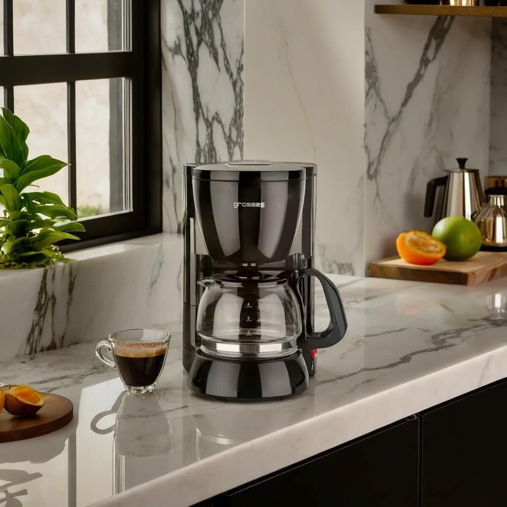 Cafetieră cu filtru grossag cu carafă de sticlă KA 12.17 | 0,6 litri pentru 4 cești de cafea | 600 wați | Negru - Oțel inoxidabil