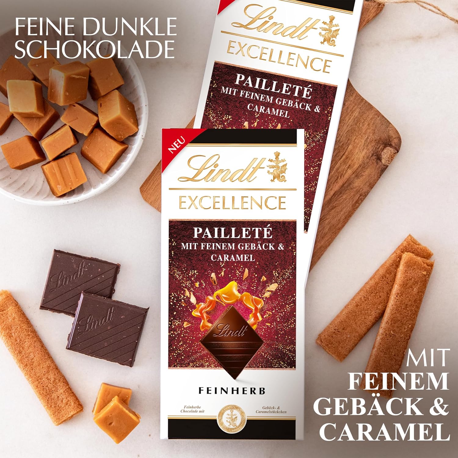 Lindt EXCELLENCE Kawałki Ciasta Z Cekinami I Karmelem - Delikatna ciemna czekolada o intensywnym smaku kakao
