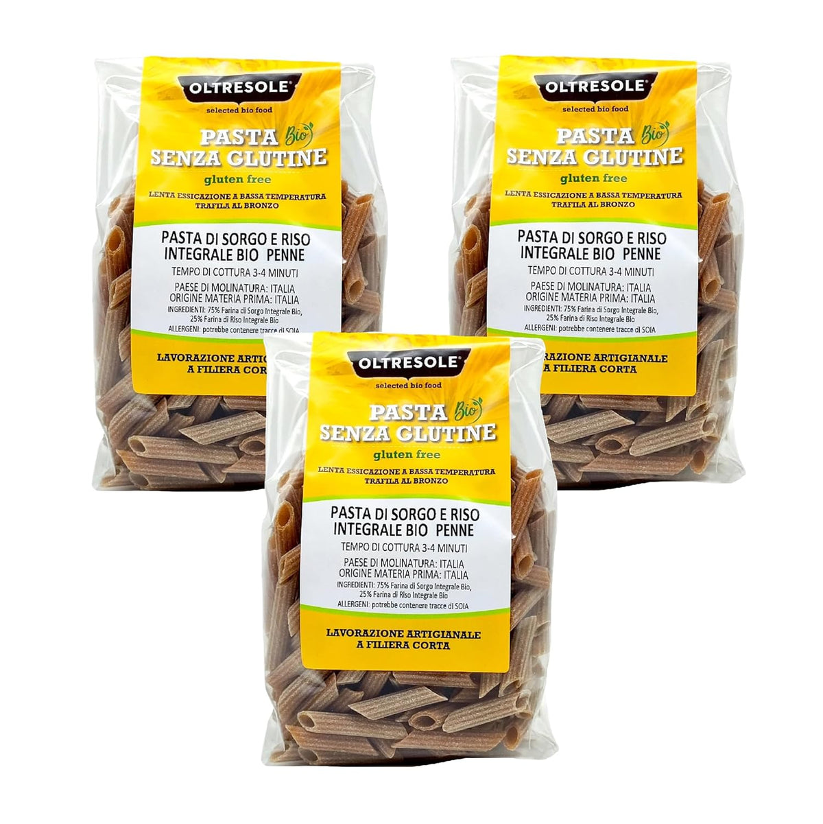 - Włoski organiczny makaron z sorgo i ryżem, bezglutenowy, kształt penne - Bezglutenowy makaron z mąki pełnoziarnistej z włoskich upraw ekologicznych, wegański, opakowanie 3 opakowania x 350g