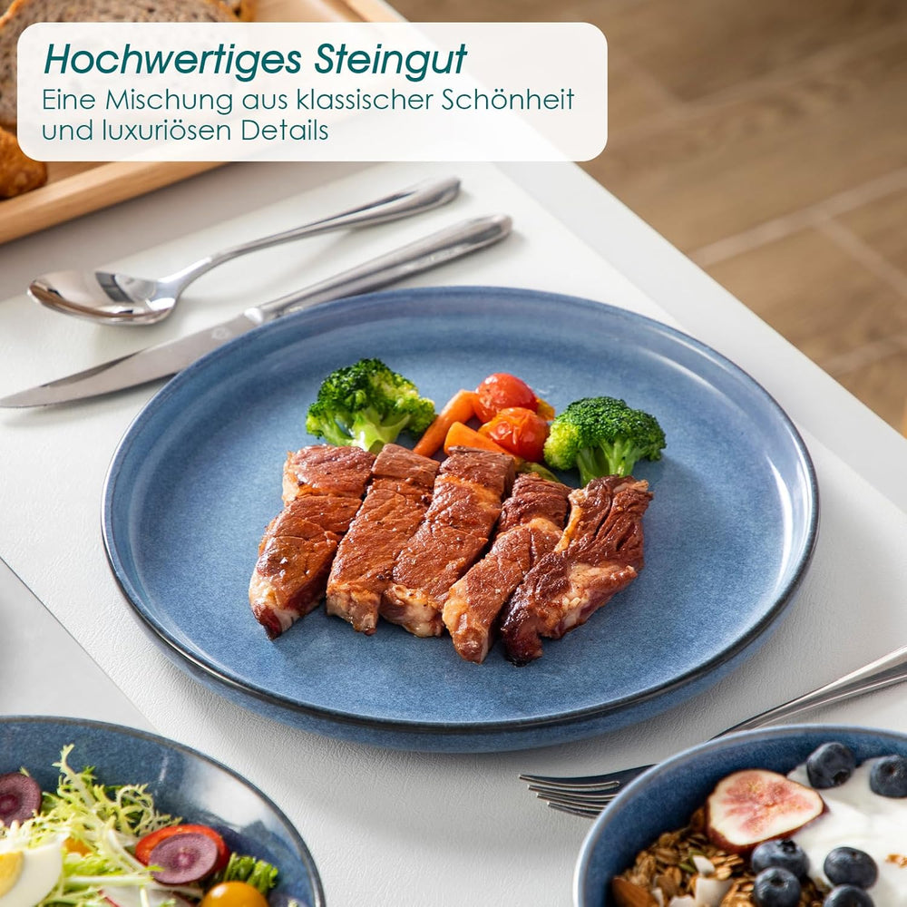 Steingut Geschirrset 6 Personen, vancasso ANYA Blau Teller Set Modern 24 teilig,Tafelservice mit Speiseteller, Suppenteller, Desserttellern, Schüsseln, Geschirr Set Spülmaschinen und Mikrowellenfest