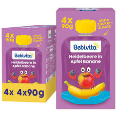 Torebki do wyciskania z jagodami, jabłkami i bananami - 16 (4 opakowania po 4 x 90 g każde), bez dodatku cukru, bezglutenowe, idealne na wynos i przekąski w podróży