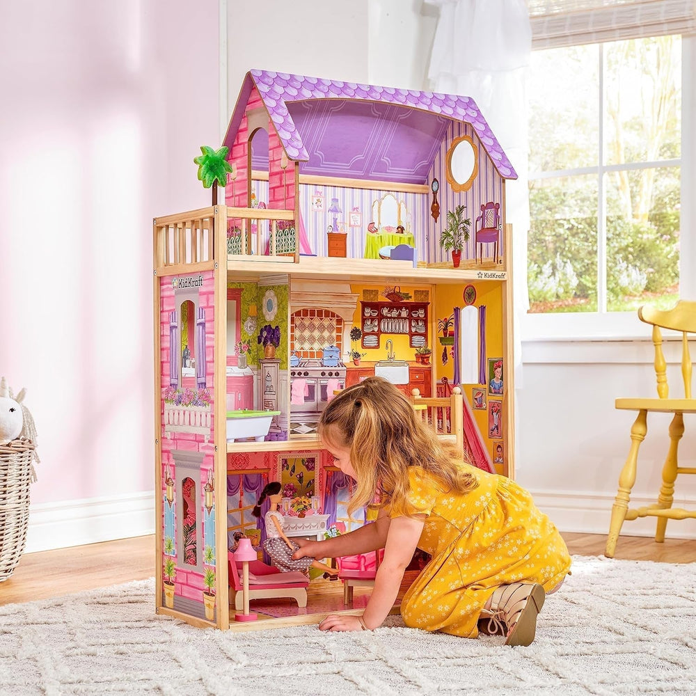 Drewniany domek dla lalek Kidkraft Kayla z meblami i akcesoriami, 3-poziomowy zestaw dla lalek 30 cm, zabawka dla 3 lat, 65092 — wyłącznie w sklepie Amazon Dollhouses Naty Shop