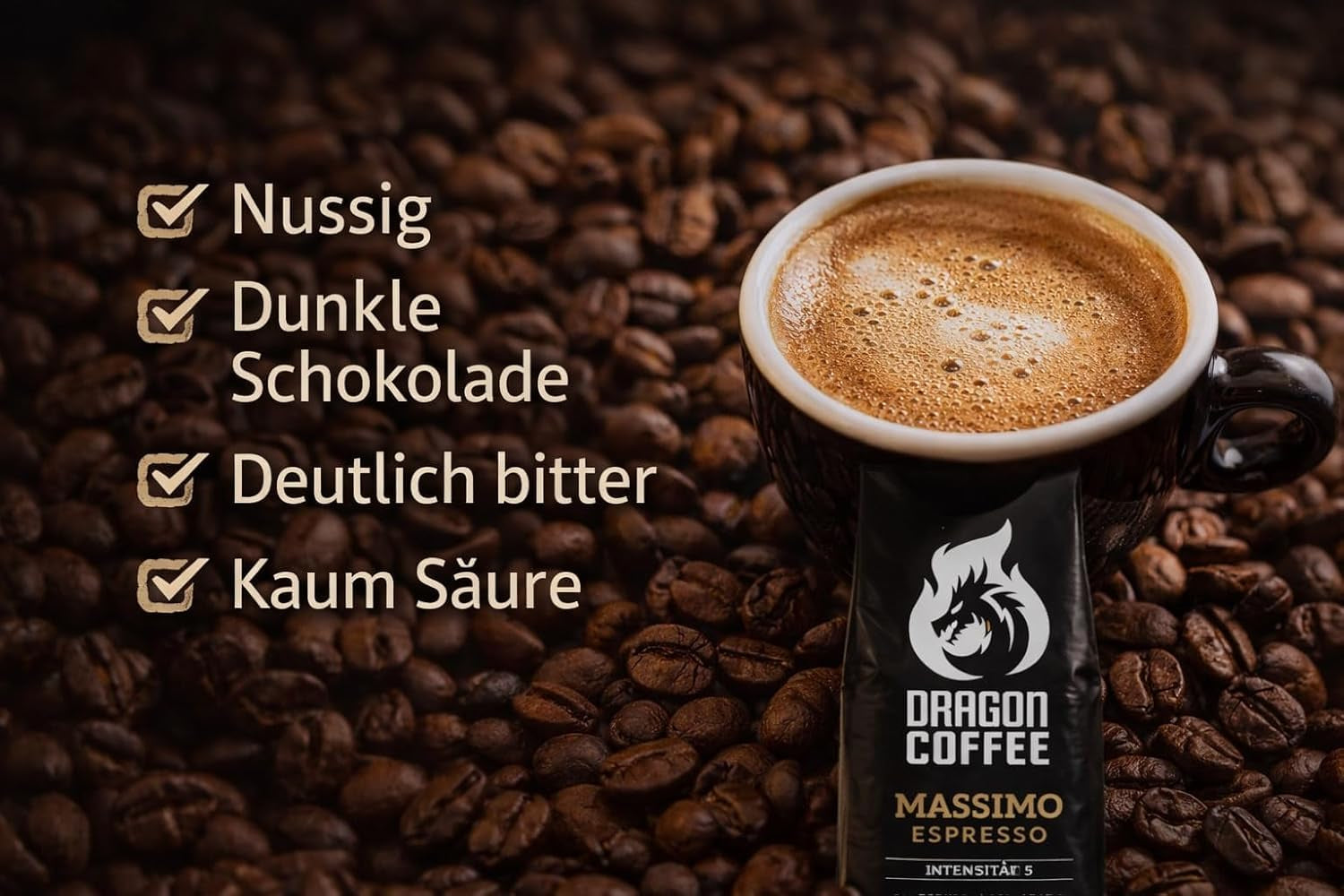 Dragon Coffee Massimo Espresso – Mittlere italienische Röstung | 70% Robusta / 30% Arabica | Kaffee Ganze Bohnen | Intensive Crema | (5x1kg)
