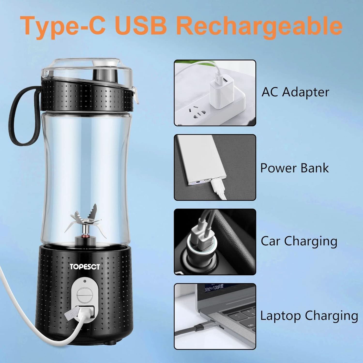 Topesct Tragbarer Mixer, Smoothie Maker to Go – Mobilny mikser stojący/Elektrischer Mini Saftmixer Sechs Klingenin 3D-Anordnung Für Hervorragendes Mixen, 13Oz USB Wiederaufladbarer Juicer (Schwarz) Kitchen Naty Shop